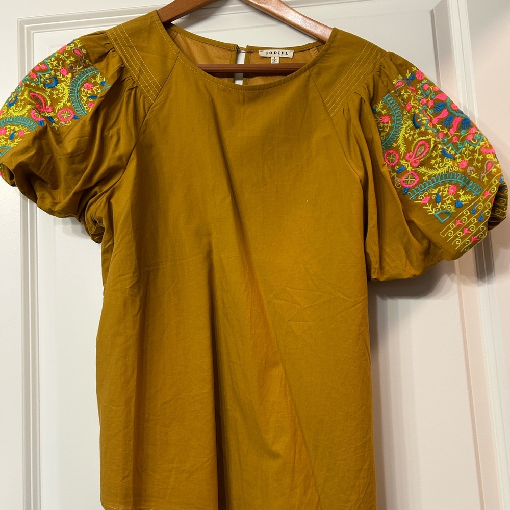 JODIFL Mustard Puff Sleeve Blouse with Embroidery